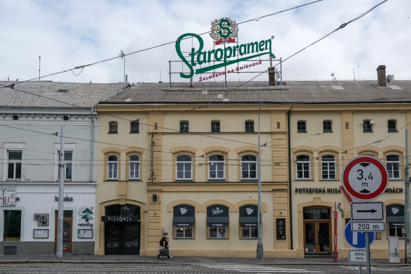 The exterior of the Staropramen Brewery in Prague, Czechia